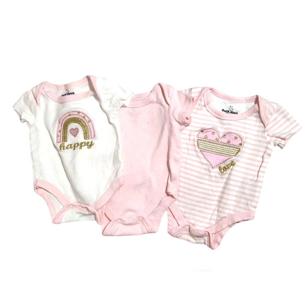 Duck Duck Goose Pink and White 3 Peice Onsie Set w Heart and Rainbow Designs